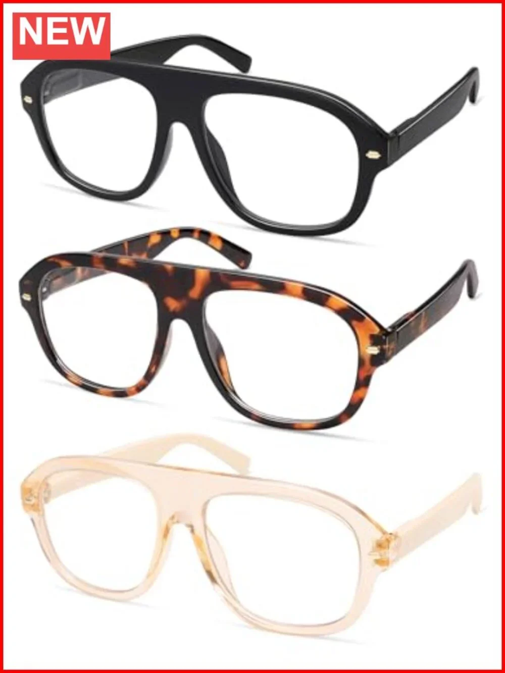 3 Pack Oversized Aviator Blue Light Reading Glasses Spring Hinge Polycarbonate